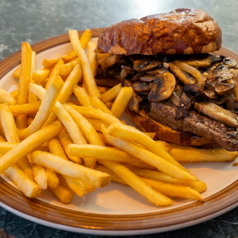 Mushroom-topped burger with a toasted bun and crispy French fries on a plate at a restaurant table.